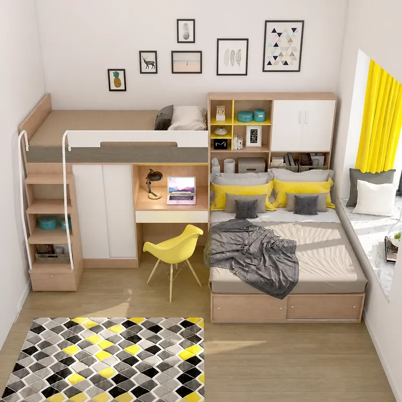 L Shaped Bunk Bed with Storage Multifunctional Loft Bed for Small Apartment Youth Room Space Saving Upper and Lower Beds