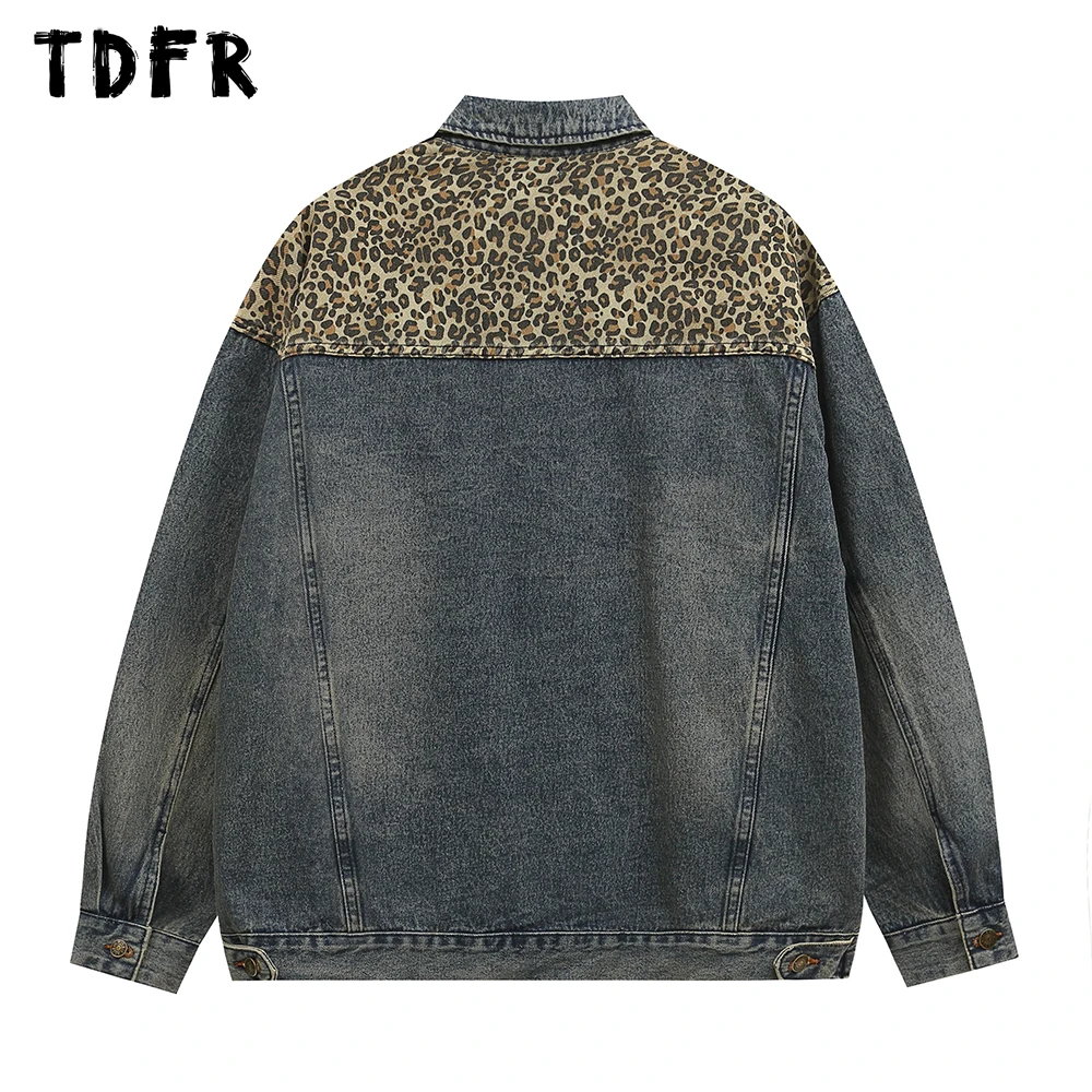 Leopard Print Spliced Denim Jacket Mens Retro Casual Streetwear Autumn Single Breasted Loose Lapel Long Sleeve Jeans Jacket Men