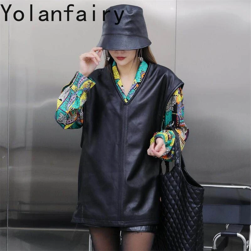 YOLANFAIRY Genuine Sheepskin Waistcoat Women Korean Style Sleeveless Jacket Autumn Mid-length Real Leather Vest V-neck Outerwear