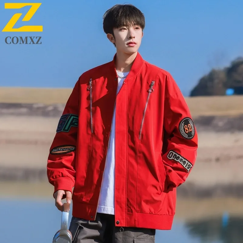 

COMXZ 2025 Men Windproof Notch Collar Jacket Loose Fit Fashion Long Sleeve Coat Spring Autumn Trendy Outerwear