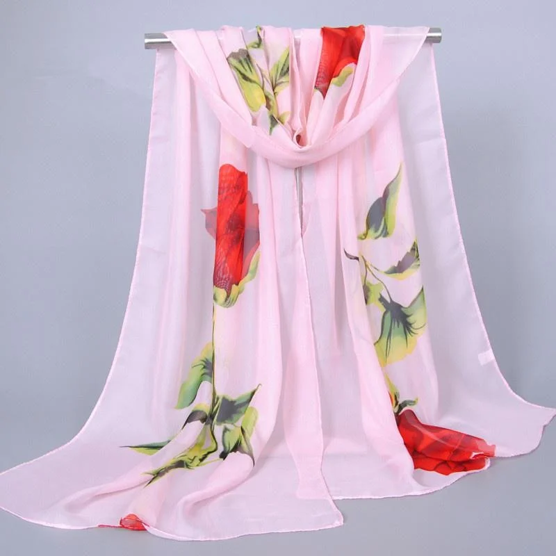 1Pc New Fashion Chiffon Silk Hijab Women's Long Soft Rose Flower Print Scarves Foulard Women Shawls view 3