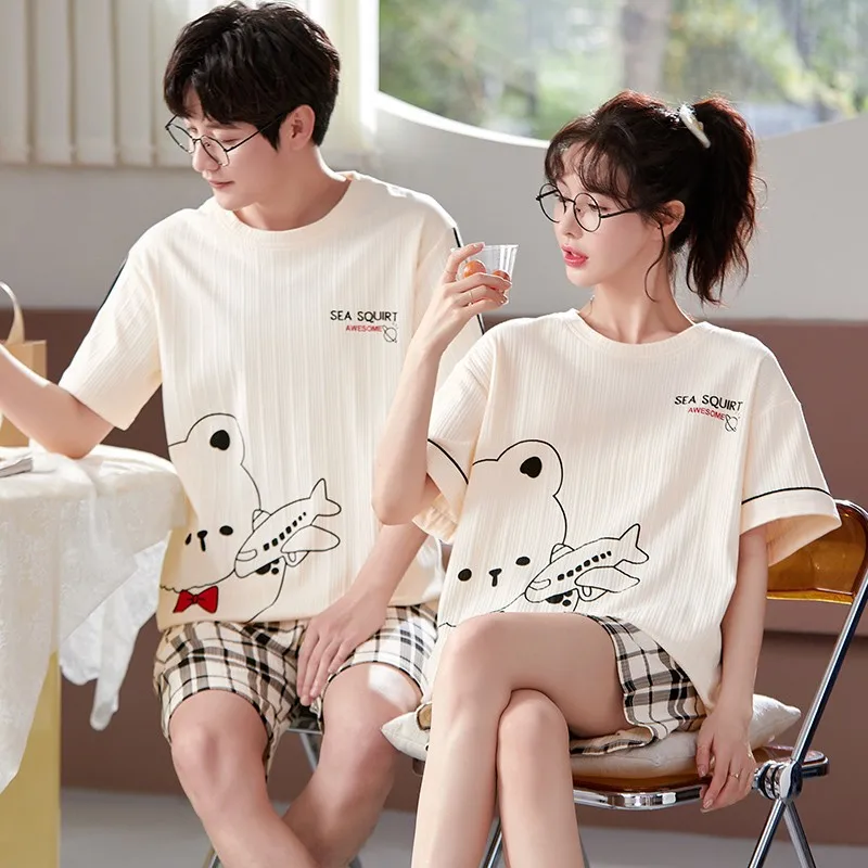 Korean Cotton Nightwear For Couples Soft Sleepwear Men and Women Sweet Pajamas Shorts Set Summer pijama hombres para mujer