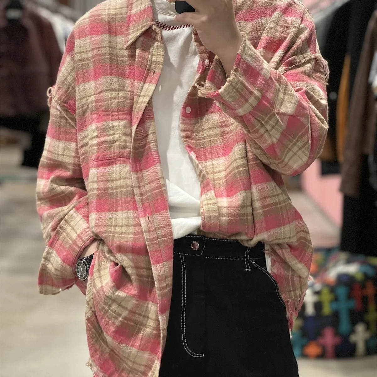 

Loose Fit Men's Long Sve irt Tie Dye Plaid Casual irt Vintage Sle Breathable Autumn Wear for Teenagers