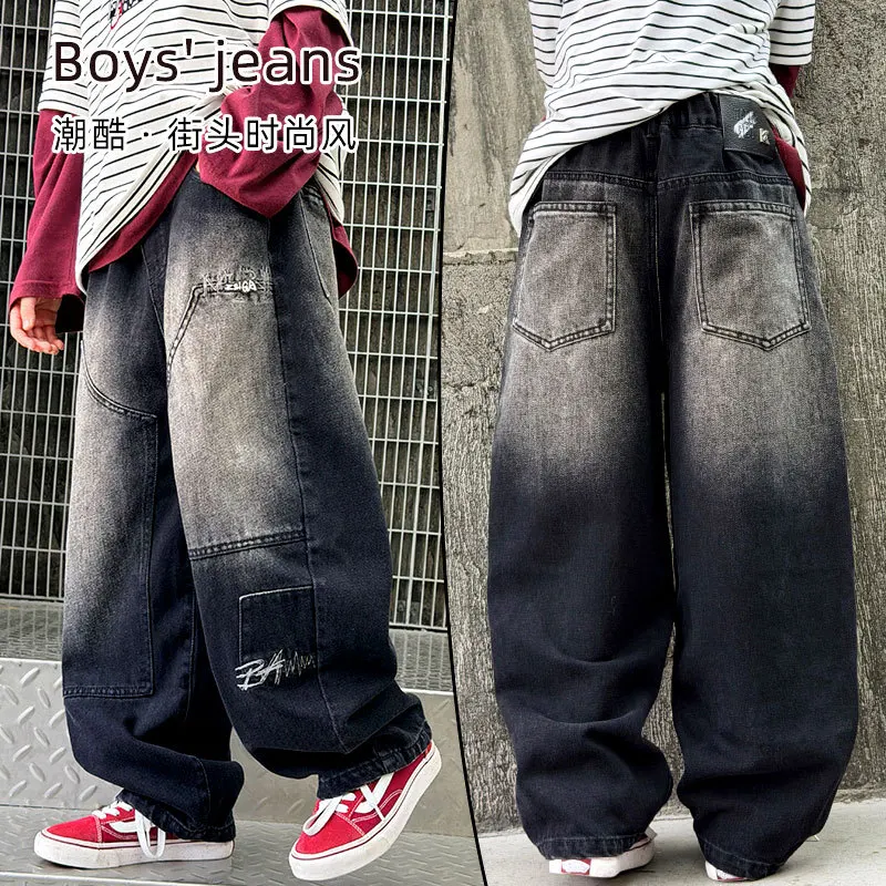 New Fashion Kids Gradient Jeans for Boys Casual Streetwear Denim Pants Child Spring Autumn Straight Fit Wide-leg Jeans Trousers