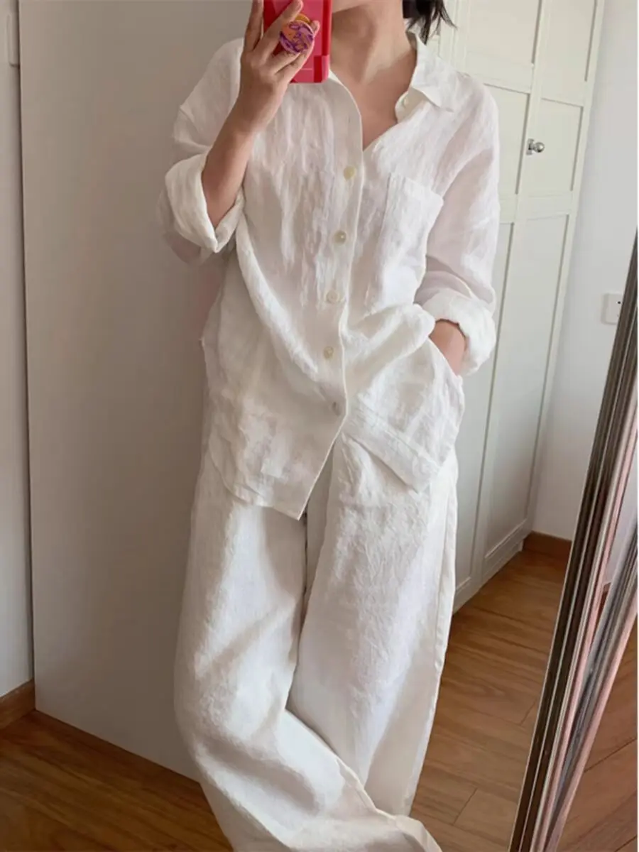 White Cotton Linen Set Women's Casual Loose Fit Two Piece Suit Autumn New Style Versatile Long Shirt Pants Outfit