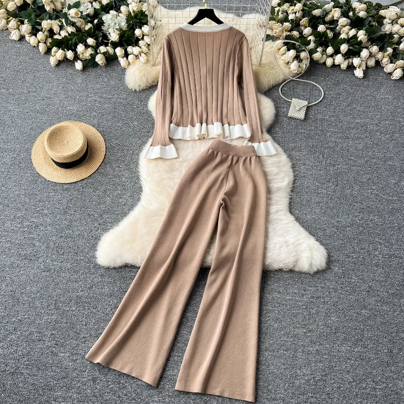 Neploe Elegant Vertical Stripes Long Sleeve Knitted Cardigan+ High Waist Loose Wide Leg Pants Autumn Winter New Two Piece Sets