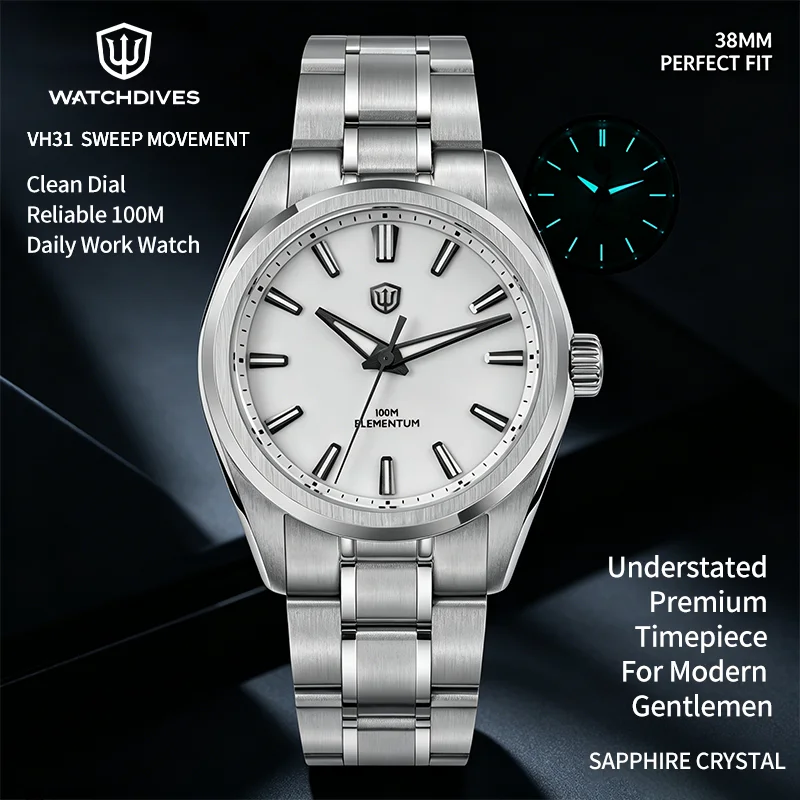 Мужские часы Watchdives Wd0003C 38 мм с кварцевым механизмом VH31, белым циферблатом, сапфировым стеклом, люминесцентным покрытием BGW9, водонепроницаемостью 100 м, корпус из стали 316L