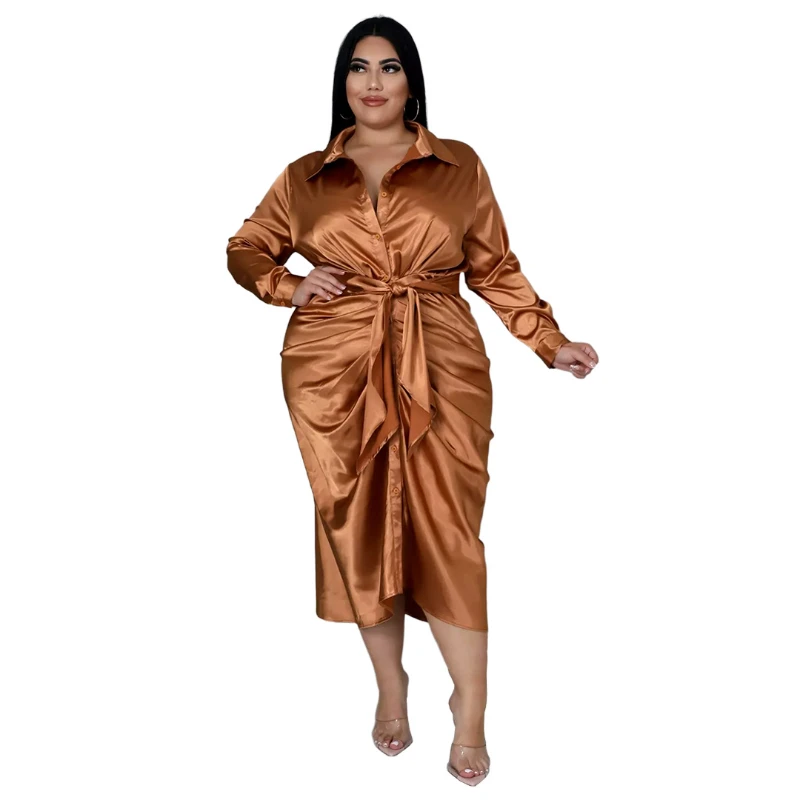 Elegant Satin Plus Size 5XL Women Shirt Dress Sexy Ruched Dresses Lace Up Evening Party Midi Drerss Vestido Africano Feminino