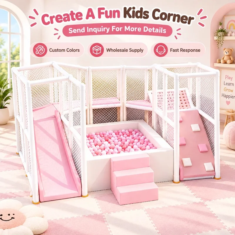 JINLI TOYS OCEANWhite Pink Kids Portable Indoor Playground With Slide Ball Pit Climbing Frame Soft Play Equipment for Children