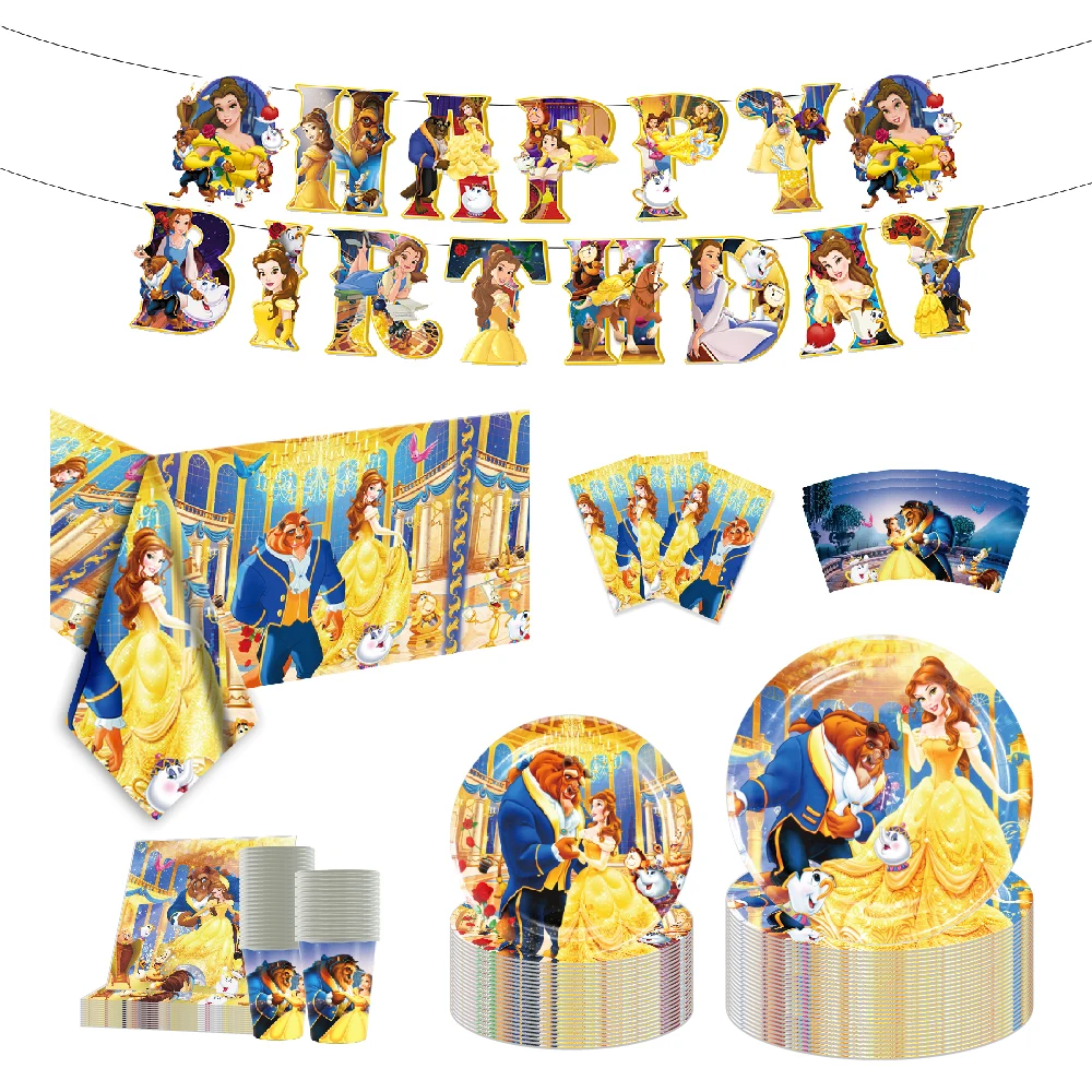 Disney Beauty Princess Beauty Beast Party Vajilla desechable, tazas, platos, manteles, pancartas, decoraciones para baby shower
