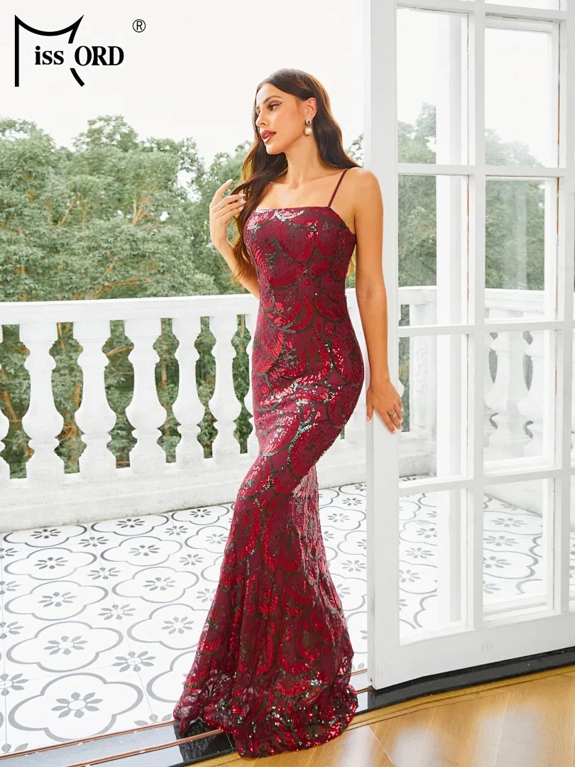 

Missord New 2026 New Red Spaghetti Sequin Mermaid Evening Gown Floor Length Formal Occasion Graduation Dresses
