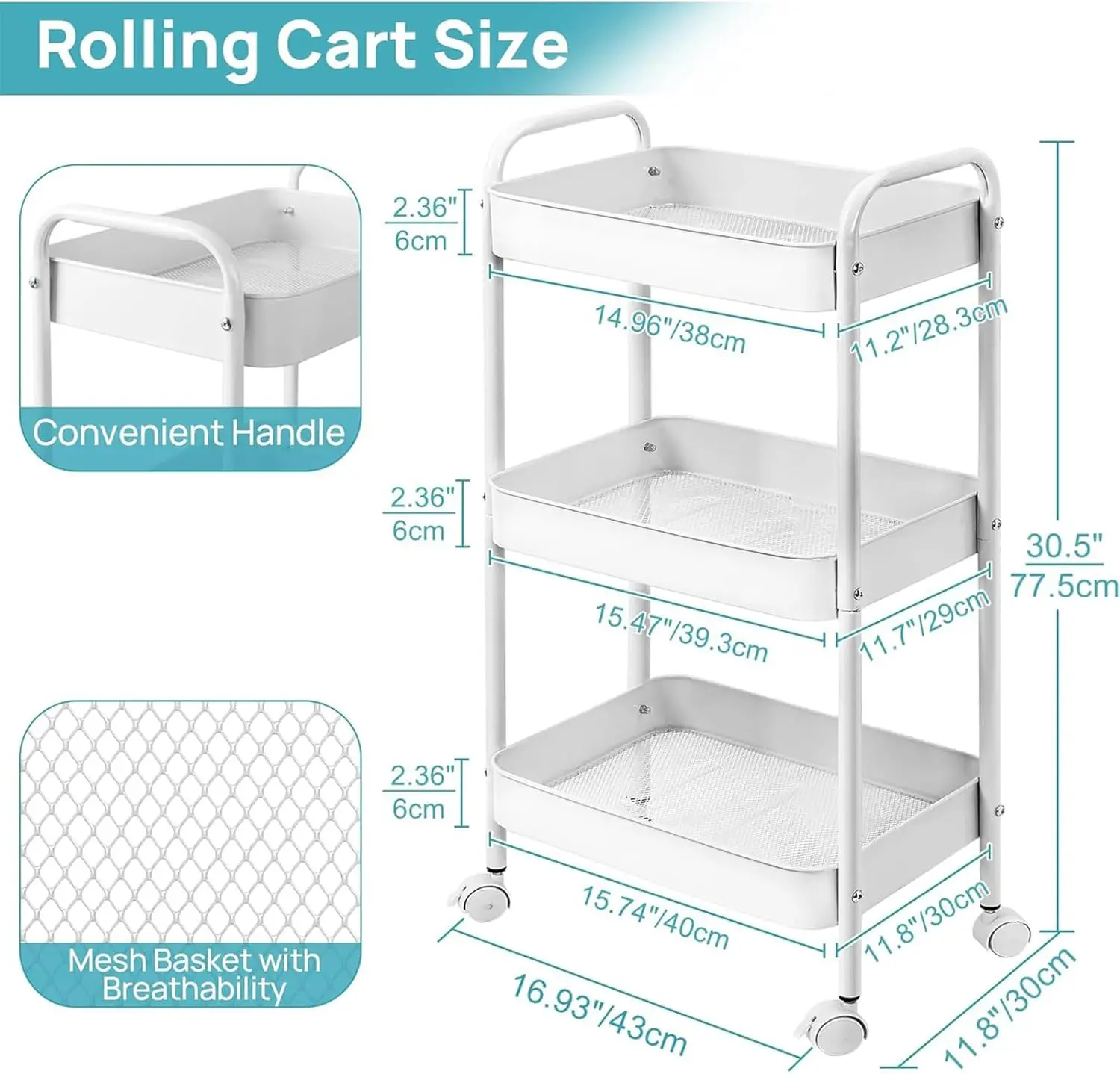 Heavy-Duty Steel Frame Rolling Cart - 3-Tier Metal Organizer Storage with Lockable Wheels, Mesh Shelves, 4 Hooks, Easy-Assemble Space-Saving Cart for Kitchen, Office (Pink & White)