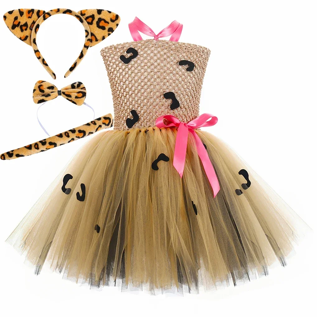 Leopard Cat Cheetah Costume  Girls Jungle Themed Birthday Party Kids Halloween Carnival Animal Outfits Tutu Dress with Ears Tail