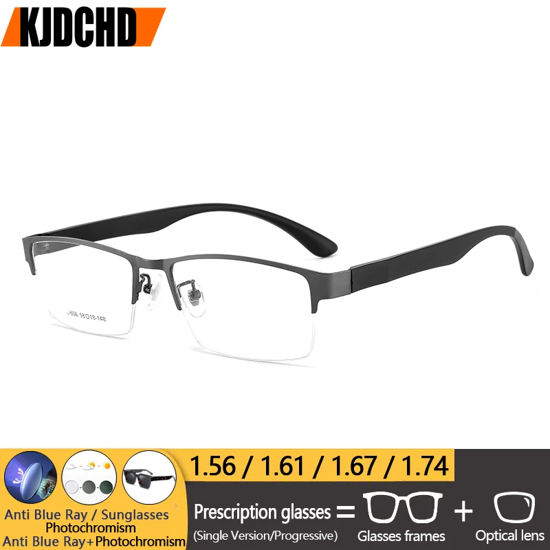 

KJDCHD Men's Square Half-Rim Frame Prescription Glasses Myopia Progressive Alloy Optical Eyewear Comfort Multifocal Progressive