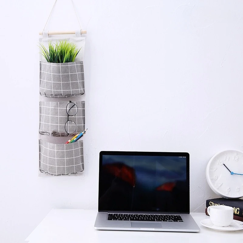 Plaid Cotton Linen Hanging Storage Bag 3 Pocket Door Organizer Wall Mount Pouch for Bedroom Bathroom Storage Holder Accessory