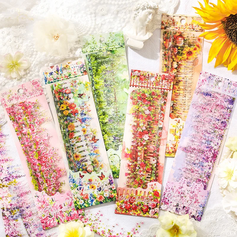 10sheet/set Cartoon Floral Fantasy PET Long Strip Stickers Plant Decals for DIY Journaling Scrapbooking Background Diorama