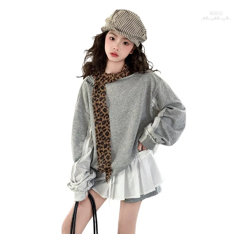 2026 Spring Autumn Child Teenager Girls Clothes Loose off Shoulder Sweatshirt T-Shirt and mini Pleated Skirt 4 8 9 10 12 Year