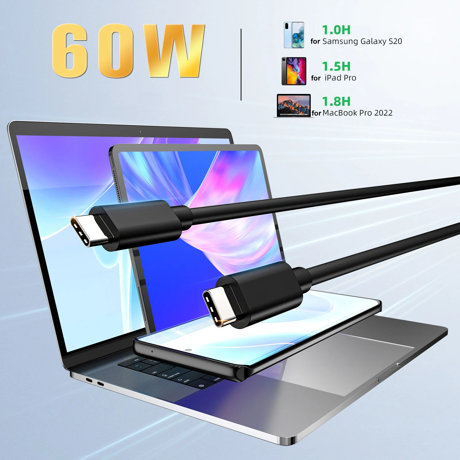 USB 3.2 Gen 2 10Gbps نوع C إلى C كابل 60 واط كابل شحن سريع آيفون 15 آي باد ماك بوك سامسونج Xiaomi USB C سلك شاحن البيانات