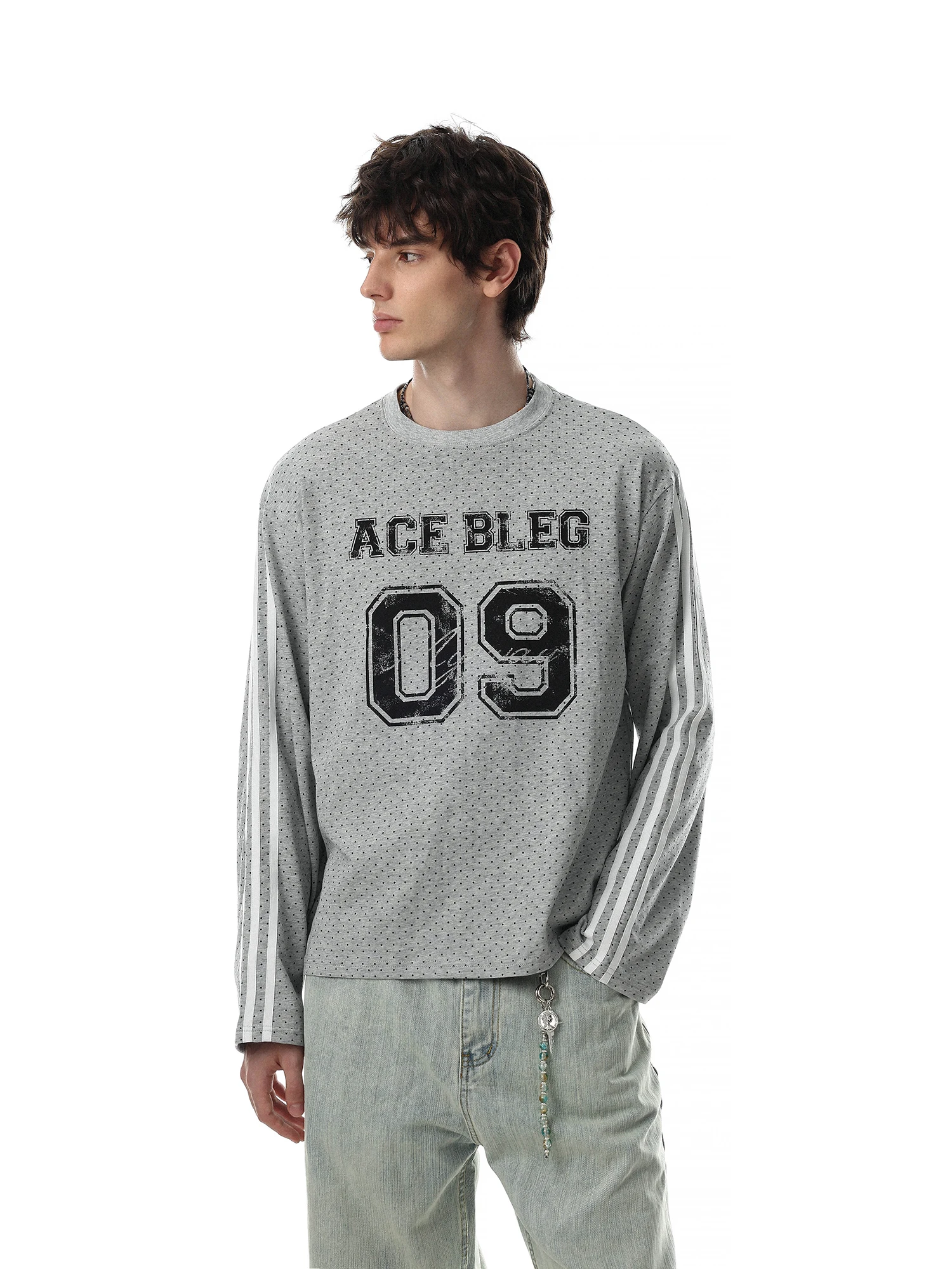 MRNEARLY American Retro Long Sleeve T-Shirt Men's Women's Loose round Neck Polka Dot Print Comfortable Breathable Cotton Blend