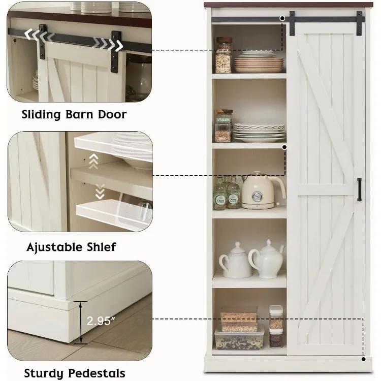 72" Tall Farmhouse Storage Cabinet, Large Kitchen Pantry with Sliding Barn Doors & Adjustable Shelves