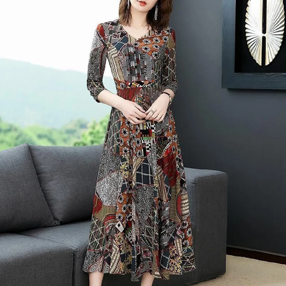 Women Fashion Lady Printing V-neck Three Quarter Sleeve Dress for Party Vacation