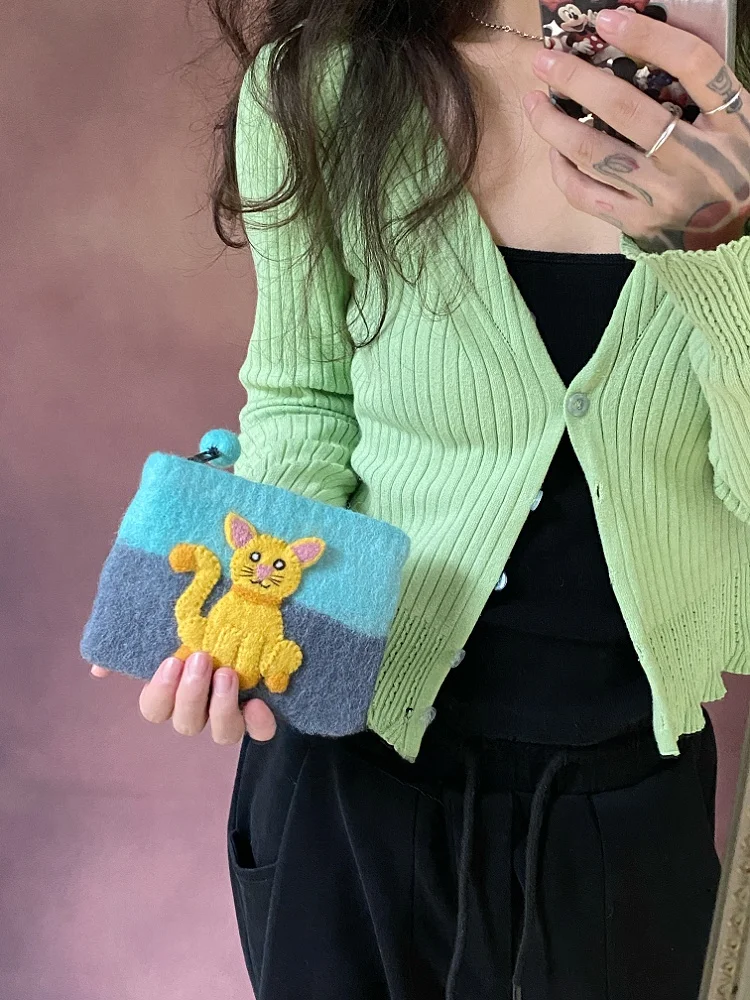 Handmade Wool Felt Animal  Hedgehog Creative Korean Japanese Coin Purse Card Holder Storage Document Bag Soft Cute Design