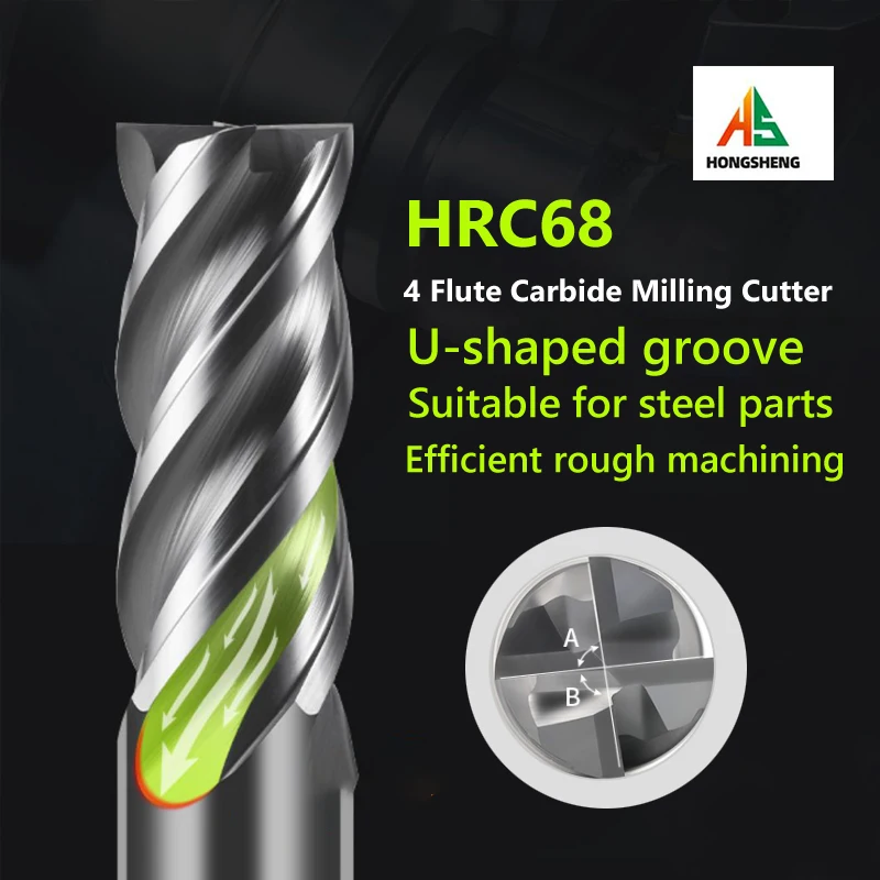 HRC68 4 Flutes Carbide End Mill Metal Steel Tungsten Milling Cutter CNC  U shape Big Chip Remover 1-6mm 8mm 10mm 12mm 16mm 20mm