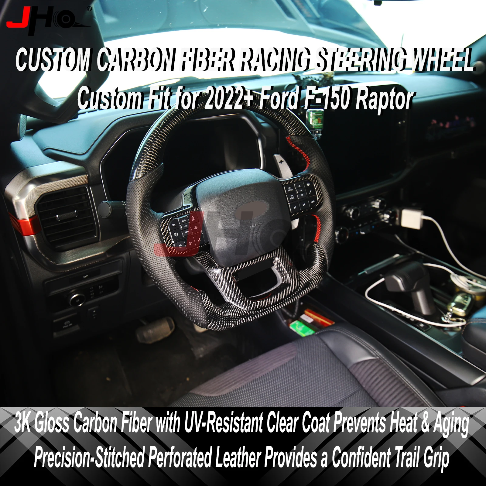JHO Real Carbon Fiber Steering Wheel D-Shape Perforated Leather for Ford F150 Raptor 2017-2026 Interior Upgrade