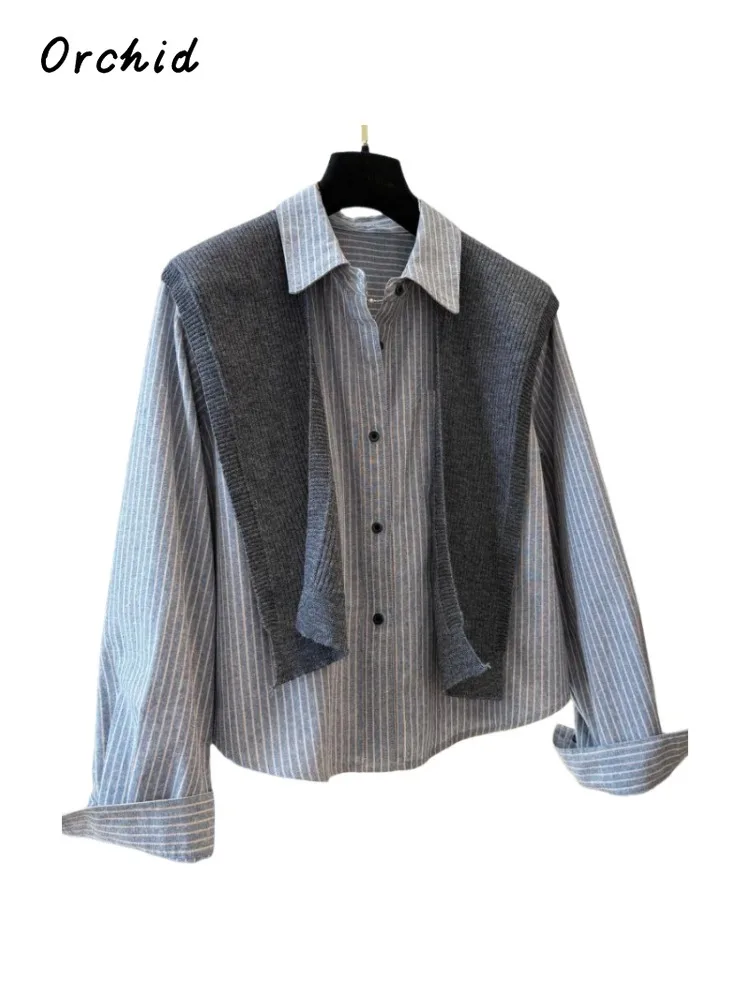 

2025 Winter Casual New Fashion Loose Single Breasted Striped Print Shirt Women's Turn-Down Collar Long Sleeve Knitted Blouse Top