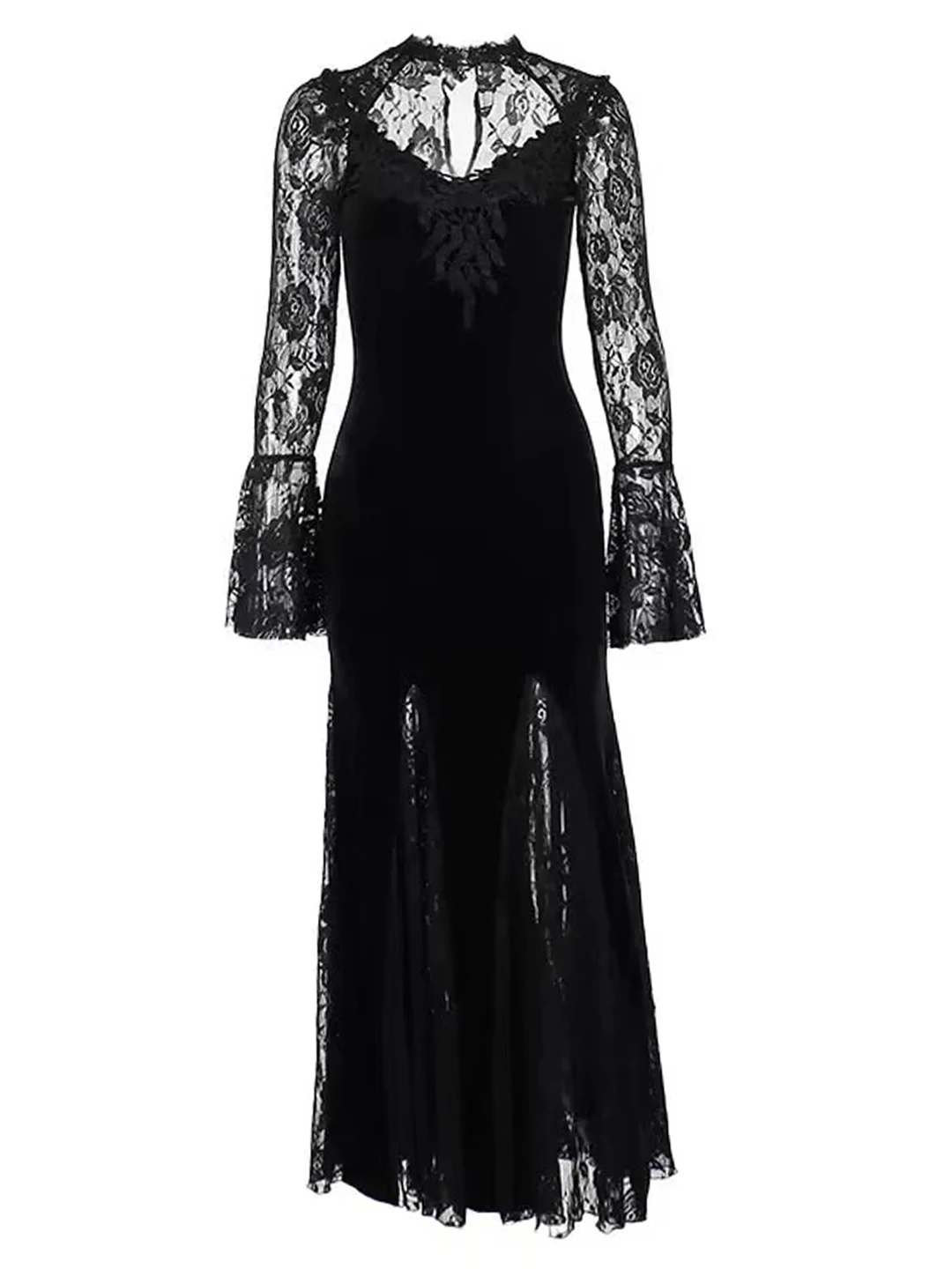 

Gothic Sle k Red Fi Tail Dr Velvet Material Long Sve V Ne a Line Silhouette High Waist Design loween Costume