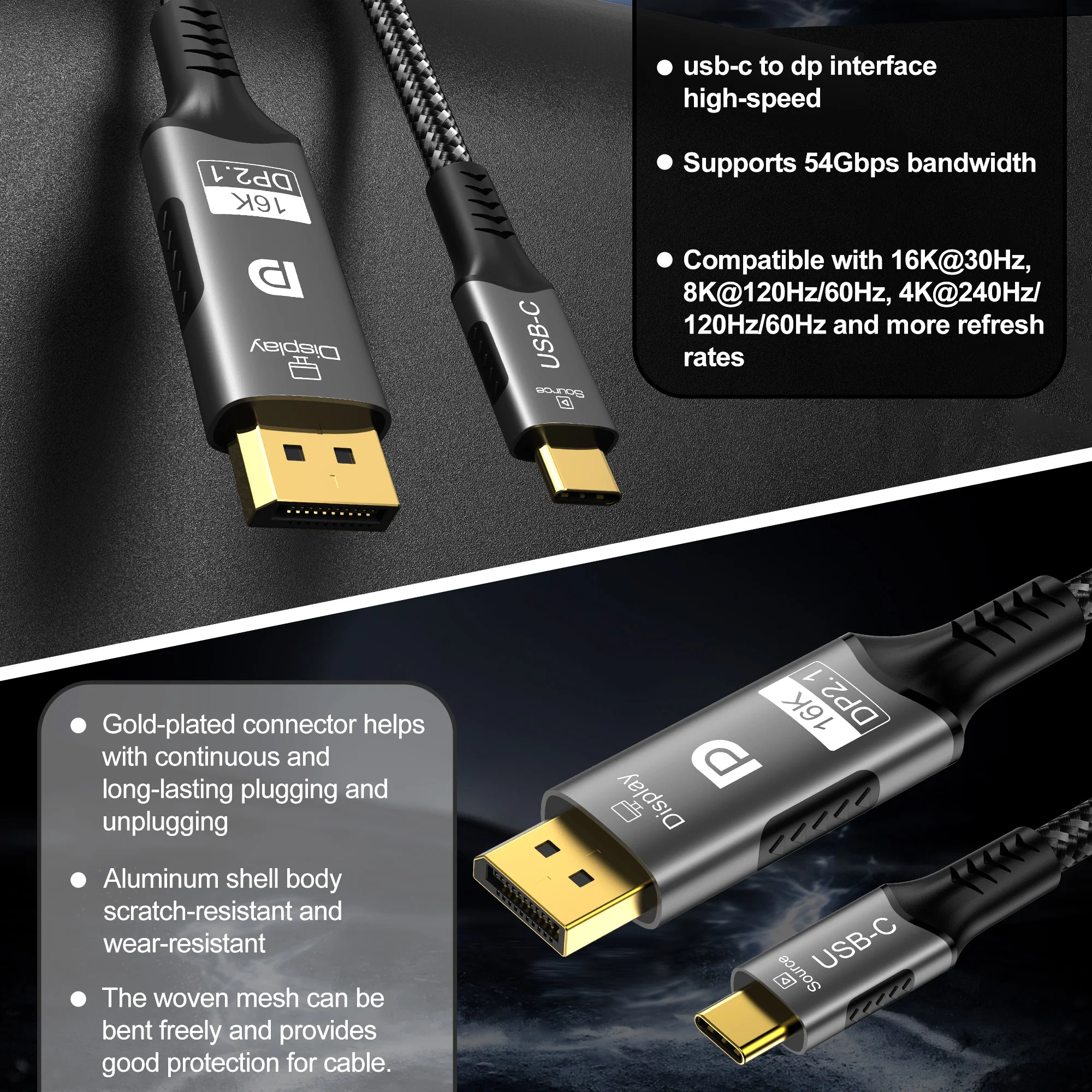 USB C to DisplayPort 2.1 Cable 16K@30Hz 8K@60Hz Type-C to 16K DP 2.1 For Thunderbolt 4/3 54Gpbs MacBook Huawei Air Projector