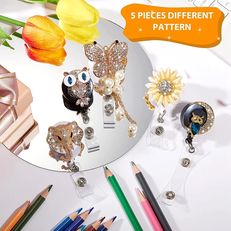 5 Pieces Rhinestone Retractable Badge Reel Cute Animal Name ID Badge Reel Clip For Volunteer Nurse  Teacher