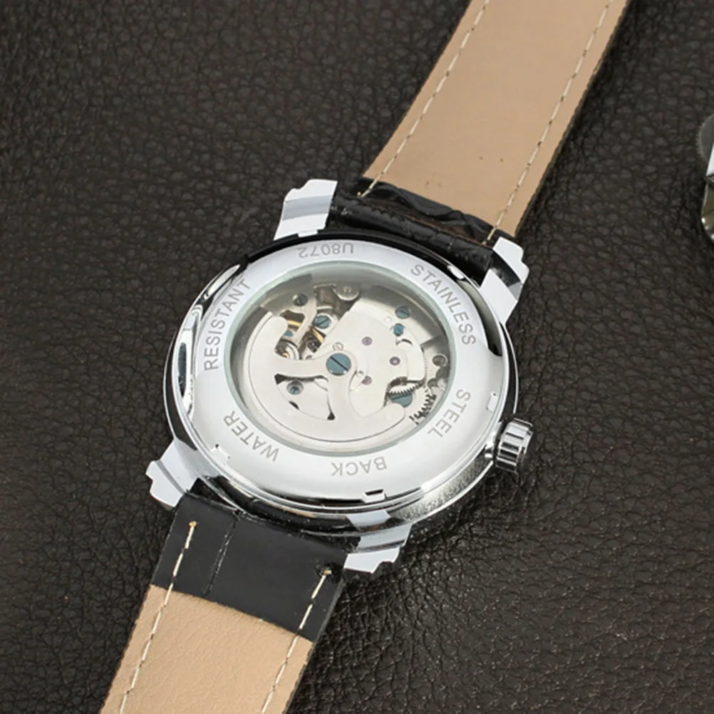 

Automatic Mechanical Watch for Men Black Silver Stainless Steel PU B Hour Minute Second Precision Movement