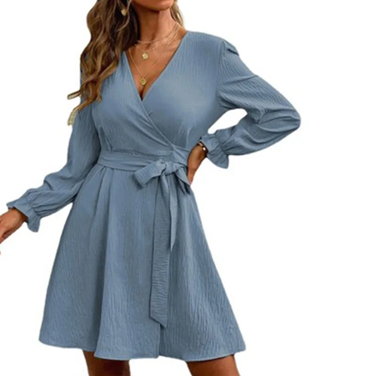 

Spring and summer new sexy loose easy care V solid color breast wrap style vent collar drawstring lantern sleeve dress