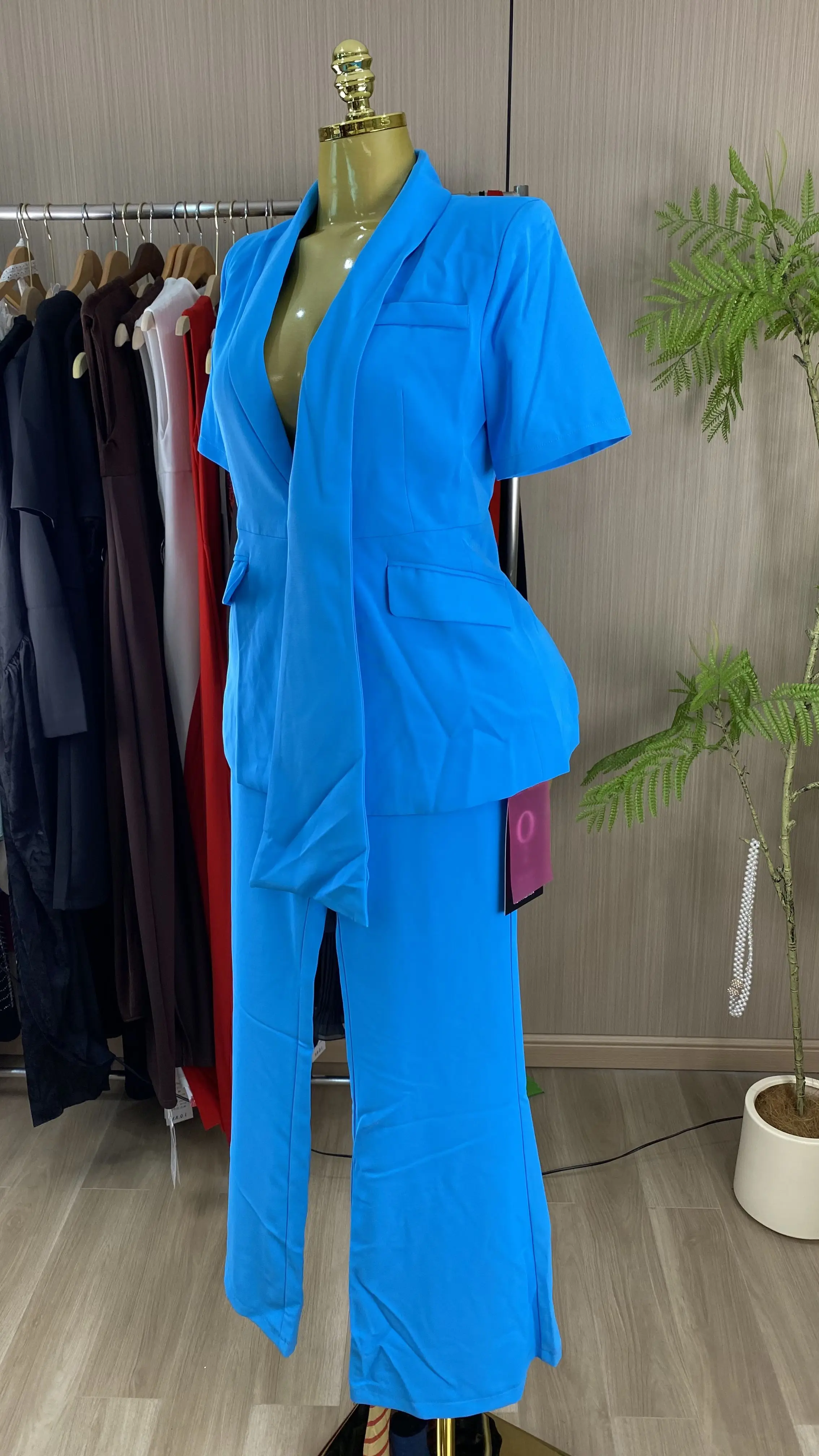Women's Solid-Color Short-Sleeve Business Suit with Trousers; Formal Style Featuring Button Detailing.-GZXX936