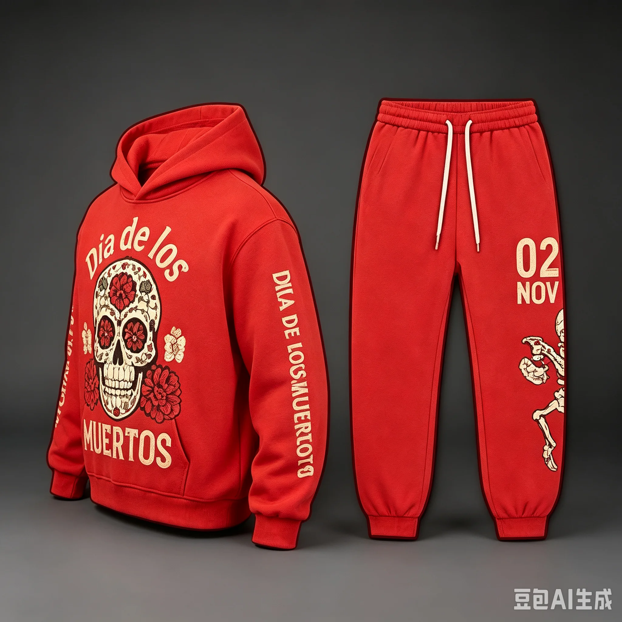 MEXICAN DAY OF THE DEAD SKULL&FLORAL PRINT HOODIE AND PANTS SET–WESTERN-STYLE FESTIVE CASUAL MATCHING FAMILY OUTFIT (LOOSE FIT)