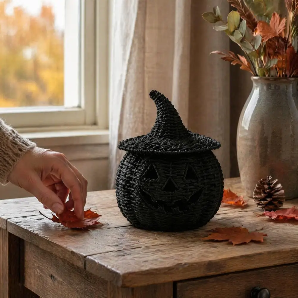 Witch Hat Decor for Home Black Resin Decorative Statue Faux Rattan Halloween Pumpkin Figurine with Witch Hat Black for Home