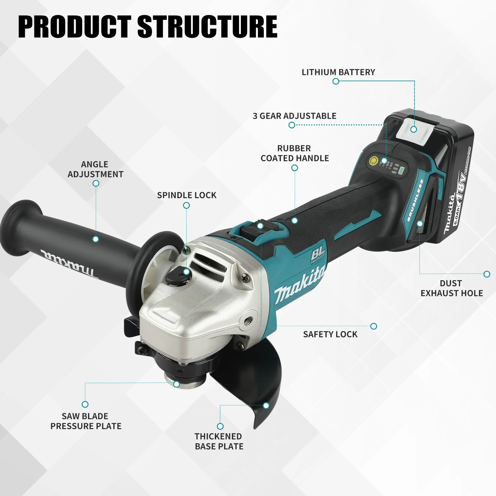 Makita DGA506 Brushless Electric Angle Grinder Rechargeable Cutting Machine 18V High Power Polishing Machine