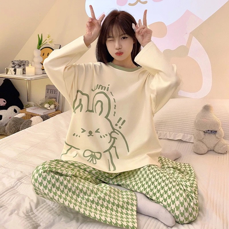 New Spring/Fall Women's Plus-Size Long-Sleeve, Long-Pants, Lightweight, Cute Cartoon-Printed, Rustic-Style Loungewear Set