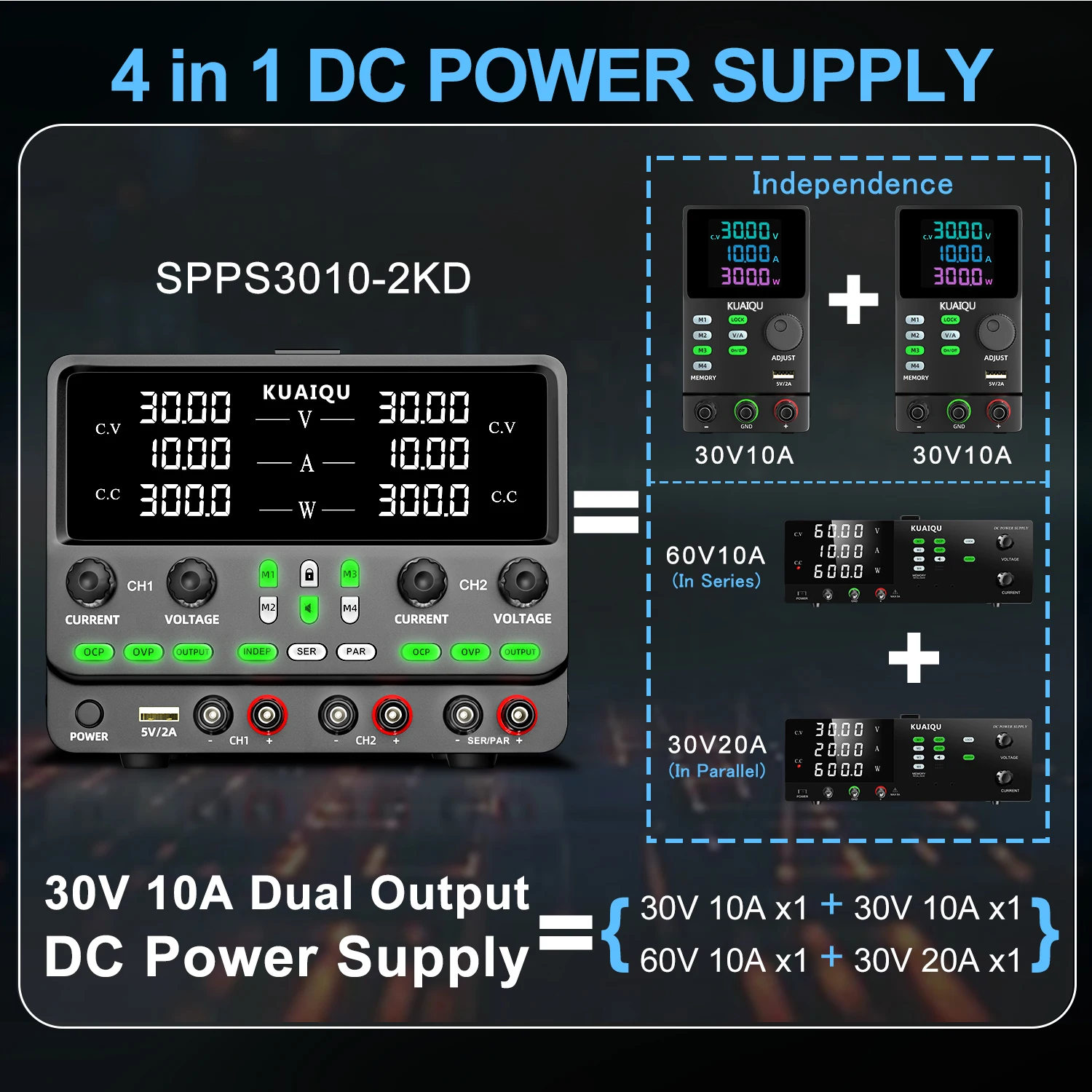 KUAIQU 30V10A 3 Channel Lab Power Supply CH1 CH2 USB,Series Parallel Output,RS232/USB/485 60V5A Programmable Power Supply 4 in 1