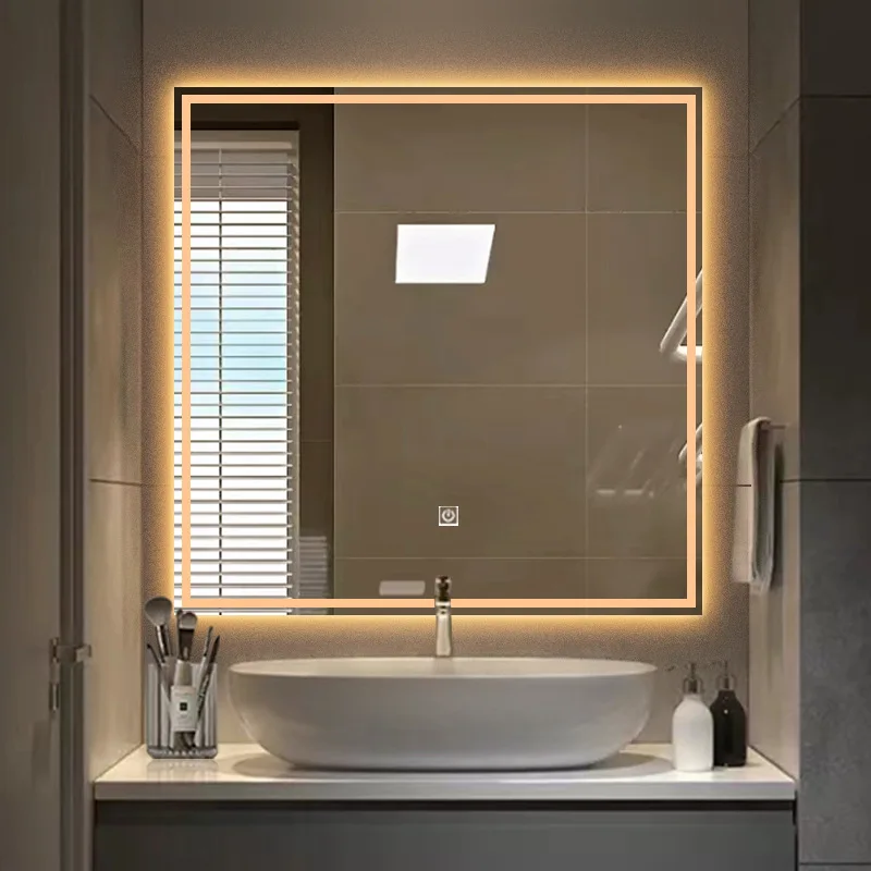 60cm Smart Mirror 60cm LED Square Touch Screen Anti Fog Wall Mounted Bathroom Vanity Makeup Mirror for Dressing Room Powder Room