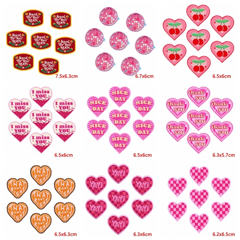 

10PCS/Lot Wholesale YK2 Pink Iron On Patches For Clothes Pink Heart Embroidered Patches For Clothing Fusible Patches Decoration