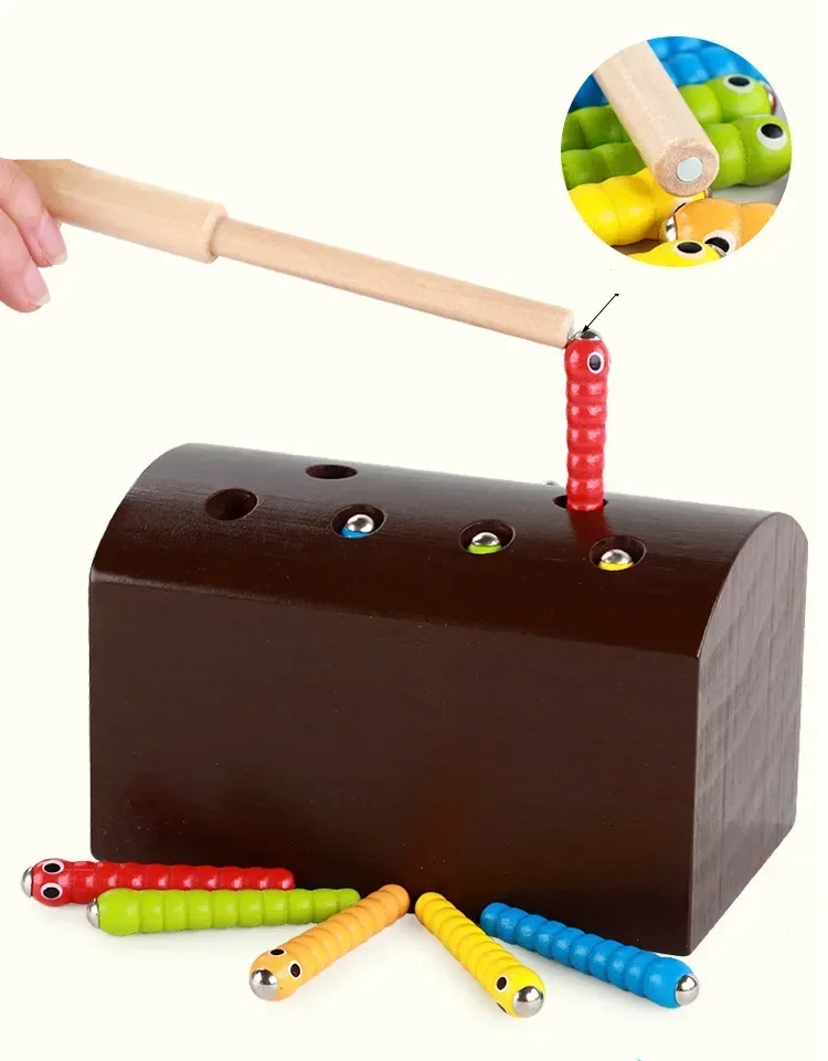 

[Funny] Wooden catch caterpillar toys for baby kids educational early learning Parent-child interaction toy Magnet suction toy