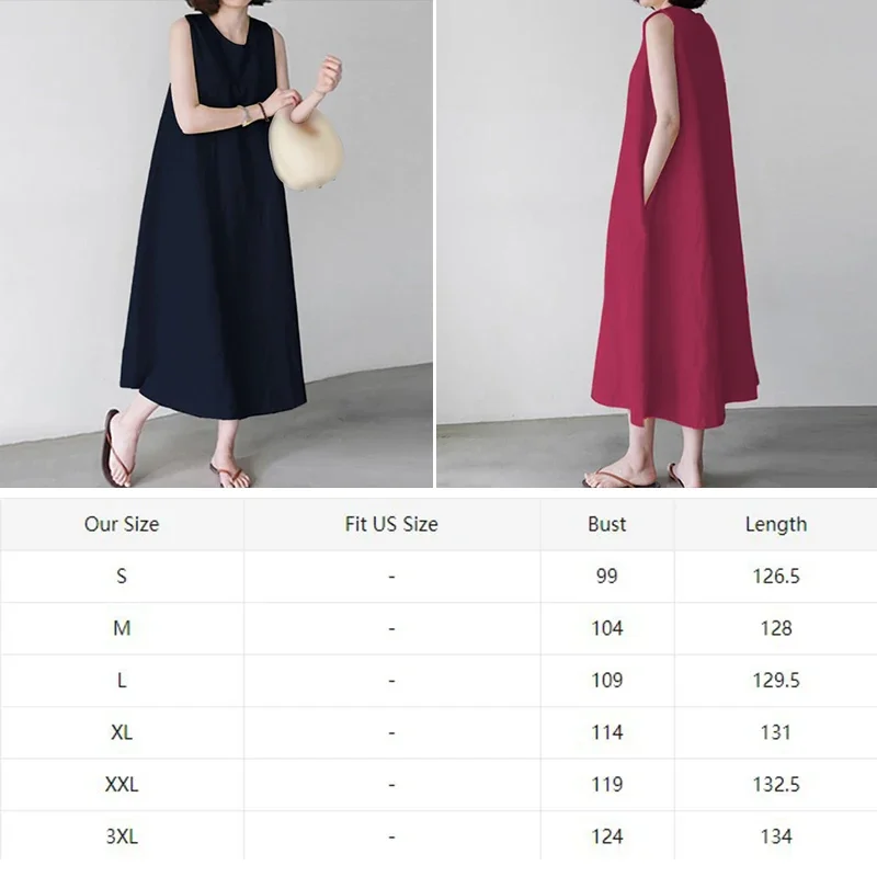 New Comfortable Cotton Linen Solid Color Dress Women Summer Large Size Sleeveless Dressy Female Minimalist Style Long Dress