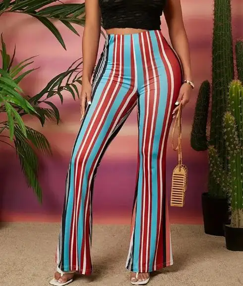 

Women's Pants Personalized Hippie Clothing Elastic Waistband Color Stripe Print Slim Fit Flared Pants Street Fashion Retro Pants