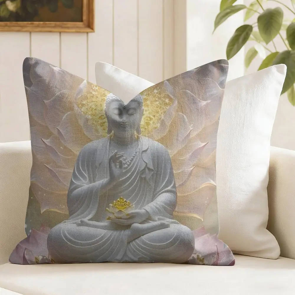 Buddha Statue And Lotus Cushion Cover Eco Linen Pillow Case Double-Sided Print Breathable Durable Zipper Home Decor Gift