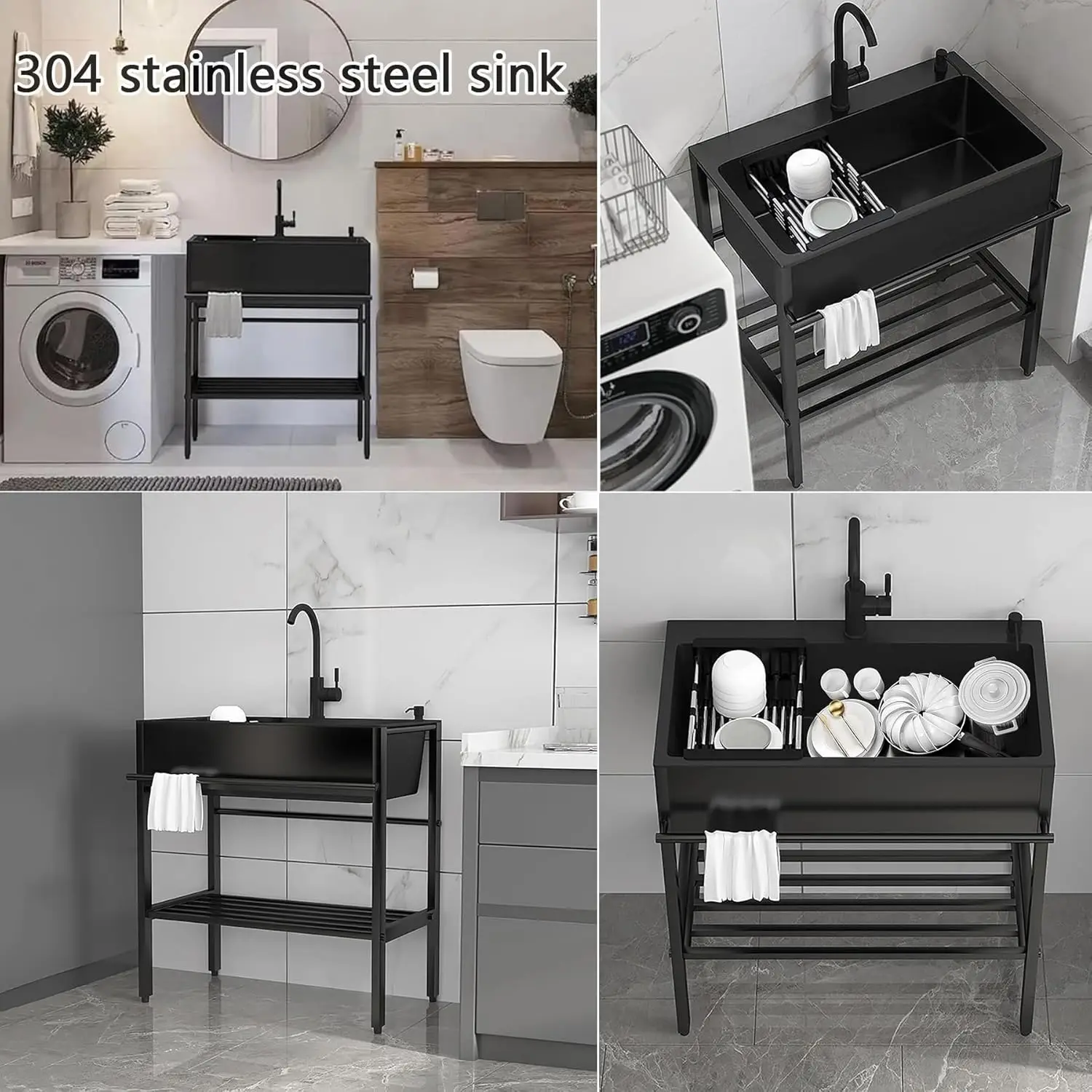 Utility Sink with Cabinet, Freestanding Stainless Steel Single Bowl Kitchenette , Pet Wash Station, Includes Faucet, Black