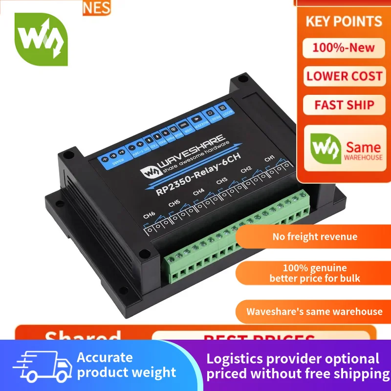 

【Waveshare genuine】- Industrial 6-Channel RP2350 Relay Module,Onboard RS485/Pico HAT interfaces,With Multiple Isolation Protecti