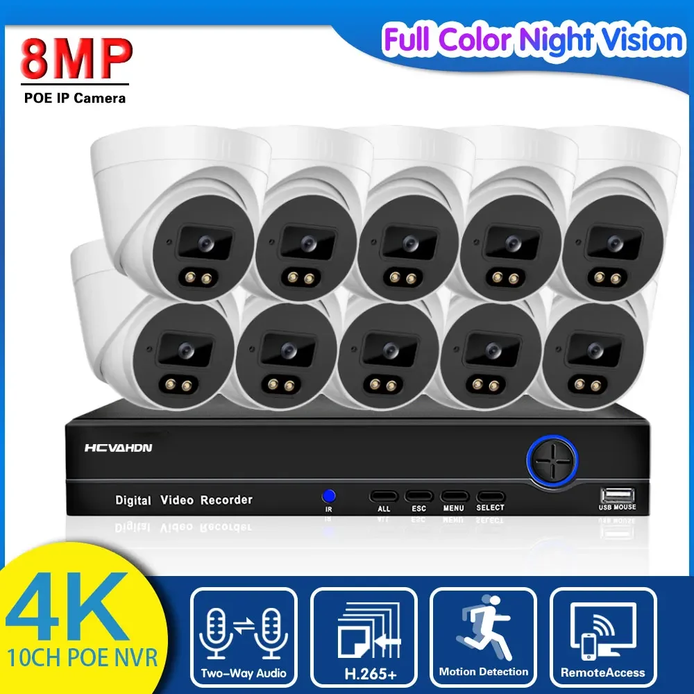 

8MP POE Dome Camera Video Surveillance Kit 4K 8CH 10CH NVR 8MP Two Way Audio Color Night Vision CCTV IP Camera Security System