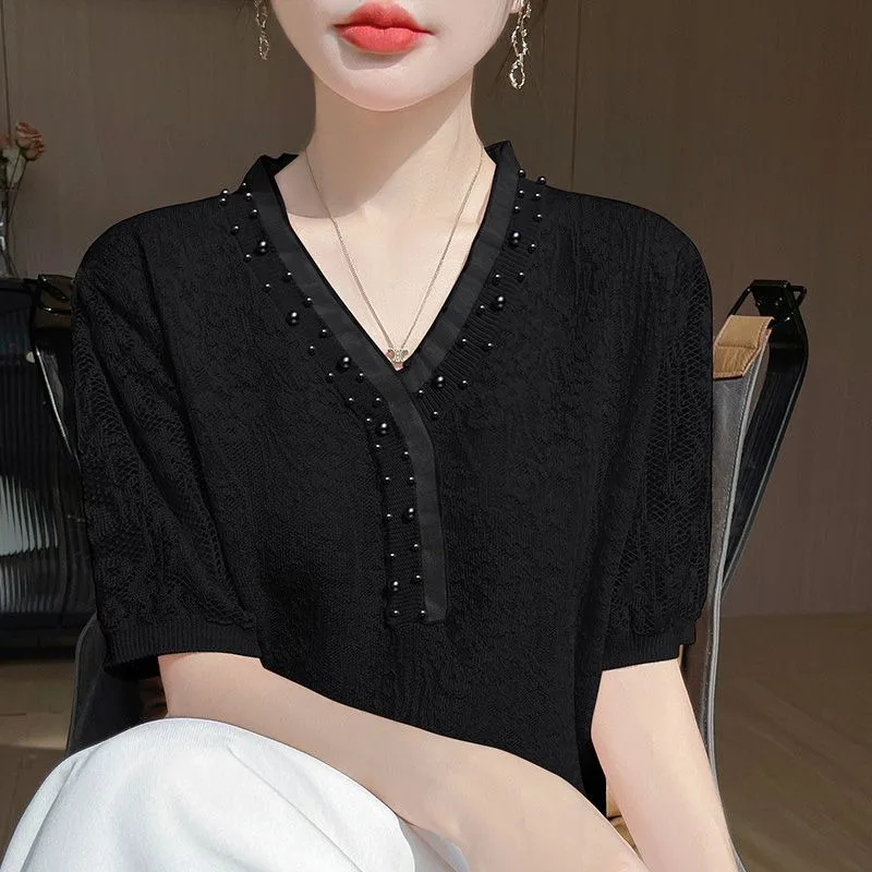 Fashion Slimming Making You Look Younger Beaded Design Trendy Stylish New Summer Lace Knitted Sweater Loose Versatile Thin Style